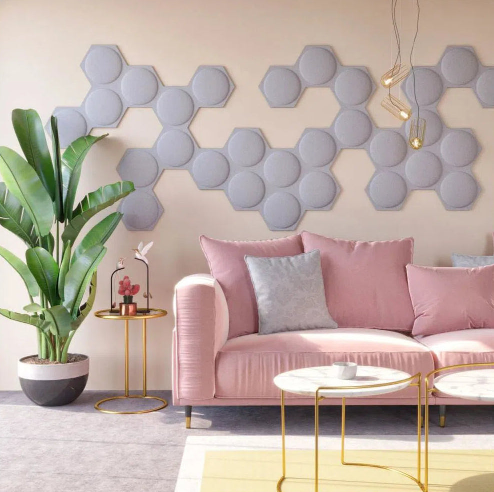 HEXA BOLD 2 3D Acoustic Felt Wall Panels in pink interior GREY Multipack Decormania UK